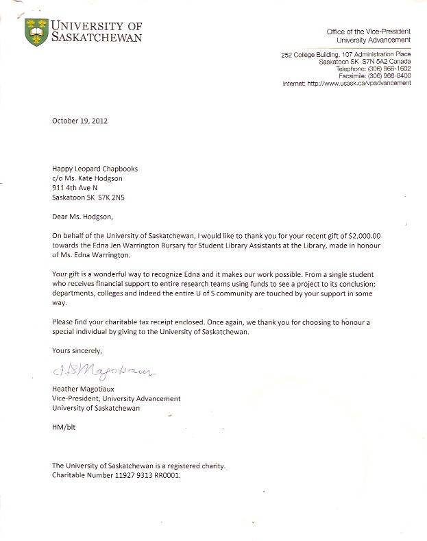 thank you letter from U of S