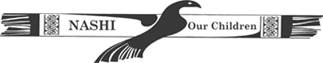 Nashi Logo Wide winged bird.  Wings as fringed scarf with 'Nashi, Our Children" written on it.